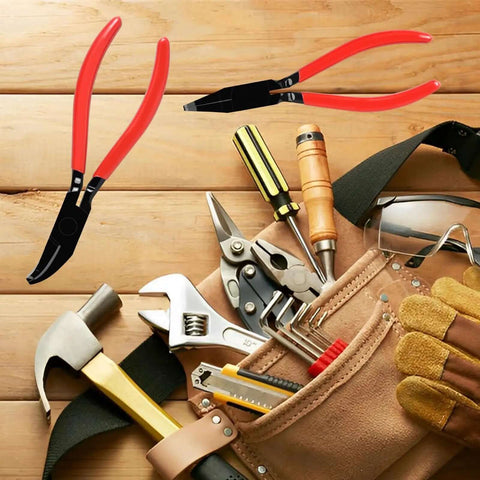 Two Pack Sheet Metal Hand Seamer with Anti Slip Handle, pliers with rust resistant build, and tools laid out on a wooden surface.