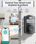 AI Fingerprint Door Lock With Built-In WiFi And Keyless Entry For Front Door, Smart Home Ready, Matte Black, shown with phone app control.