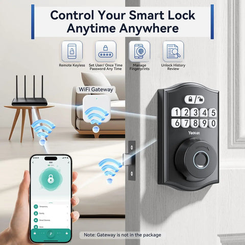 AI Fingerprint Door Lock With Built-In WiFi And Keyless Entry For Front Door, Smart Home Ready, Matte Black, shown with phone app control.
