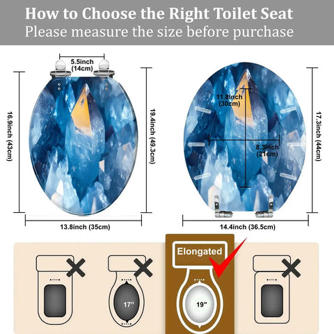 Elongated Toilet Seat for Bathroom dimensions diagram showing sizes and installation for proper fit.