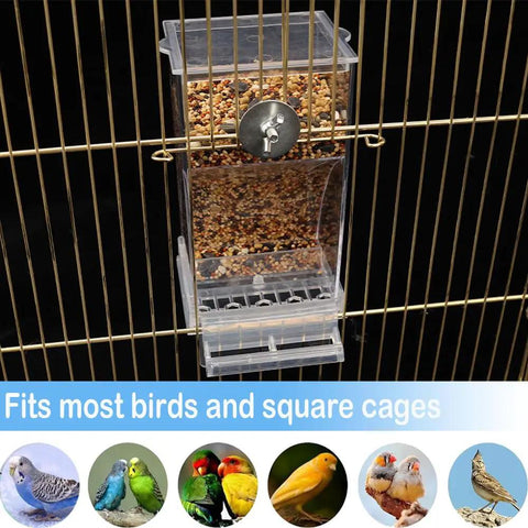 Total Game Changer For Pet Parents Seeking Spill Proof Auto Bird Feeder Cage Dish Made From Heavy Duty Clear Acrylic, 7x3x3 inch, ideal for cockatiels, parakeets.