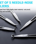 Set of 5 needle-nose pliers with angled tips on display, part of Beefy Long Reach 11 Inch Plier Set With 5 Pieces Including Straight Needle Nose Pliers And Angled 25 Degree 45 Degree And 90 Degree Pliers Plus Circle Pliers For Hard To Reach Narrow Spaces.