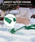 25 Foot Outdoor Extension Cord With Three Evenly Spaced Outlets And Safety Cover For Outdoor String Lights Weatherproof 16 3 Gauge SJTW Wire ETL Listed Easy Plug In Setup For Yard Patio Landscape Lighting And Christmas Decor with safety covers shown in snow