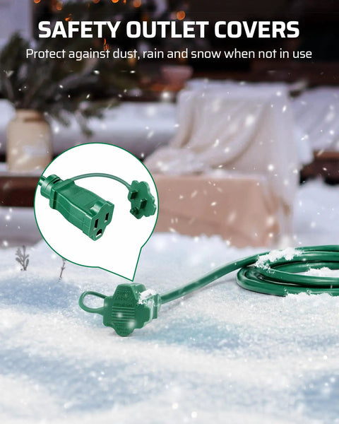 25 Foot Outdoor Extension Cord With Three Evenly Spaced Outlets And Safety Cover For Outdoor String Lights Weatherproof 16 3 Gauge SJTW Wire ETL Listed Easy Plug In Setup For Yard Patio Landscape Lighting And Christmas Decor with safety covers shown in snow