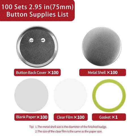 3 Inch Button Maker Supplies Kit 100 Sets 400 Pieces With 75mm 2.95 Inch Button Parts Metal Blank Badges And Blank Paper For DIY Button Making Machines Pin Makers: metal shell, back cover, film, paper, gasket