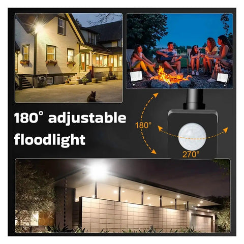 JUDYSSY Led Floodlight Motion Sensor Led Reflector 50W 100W showcasing 180° adjustable features for outdoor use at night.