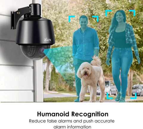 1080P Wireless Outdoor Security Camera With Night Vision And Auto Tracking Pan Tilt Zoom 355 Degree Horizontal And 75 Degree Vertical Coverage 5X Optical Zoom Remote Access IP65 Weatherproof Motion Alerts No Hassle Home Setup mounted outdoors detecting people.