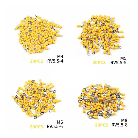 Get This Awesome 360 PCS Insulated Ring Terminals Kit With M4 M5 M6 And M8 Sizes For Cold Pressed Electrical Wire Cable Crimp Connectors That Fits 22 To 10 AWG Wiring Perfectly For Any Serious Car Or Home Electrical Gig. Insulated yellow ring terminals M4 M5 M6 M8, 20 pcs each