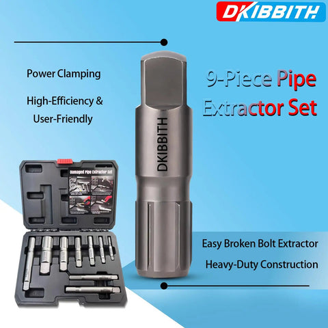Nine Piece Heavy Duty Pipe Extractor Set includes durable storage case with close-up of a pipe extractor tool and case layout