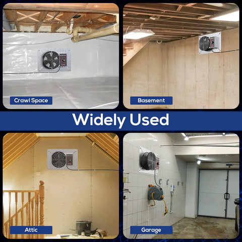 540 CFM IP55 Rated Crawlspace Ventilation Fan with Humidistat Thermostat in crawl space, basement, attic, and garage.