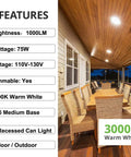 PAR30 Flood Light 75W Long Neck Dimmable Bulbs, 1000 Lumens, 3000K Warm White, E26 Base shown in a dining area with wooden ceiling
