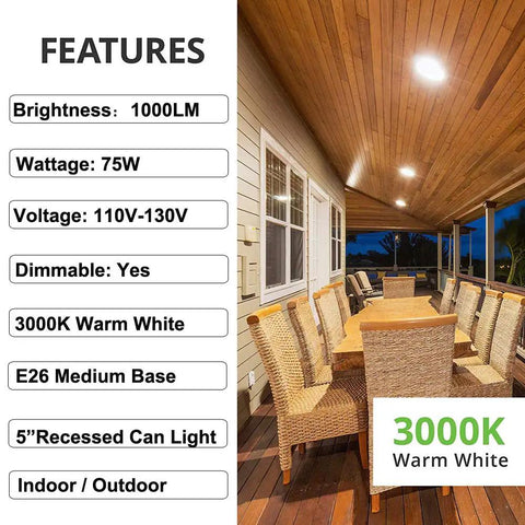 PAR30 Flood Light 75W Long Neck Dimmable Bulbs, 1000 Lumens, 3000K Warm White, E26 Base shown in a dining area with wooden ceiling