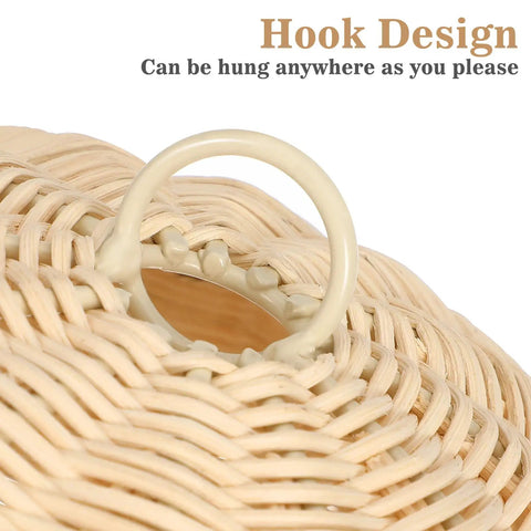 Close-up of beige woven rattan with hook on Rattan Woven Hot Air Balloon Wall Decor For Kids Room Cute Nursery Hanging Ornament