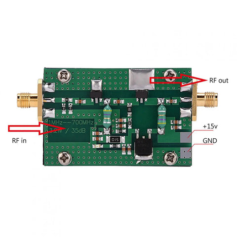 Top view of Beefy Ham Radio RF Power Amplifier Module 1 MHz to 700 MHz, input and output connectors visible, compact design