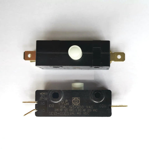 Precision Snap Action Micro Switch Spdt One Normally Open One Normally Closed Contact Rating 15 Amp 125 250 Vac Pin Plunger Actuator viewed from top and bottom angles.