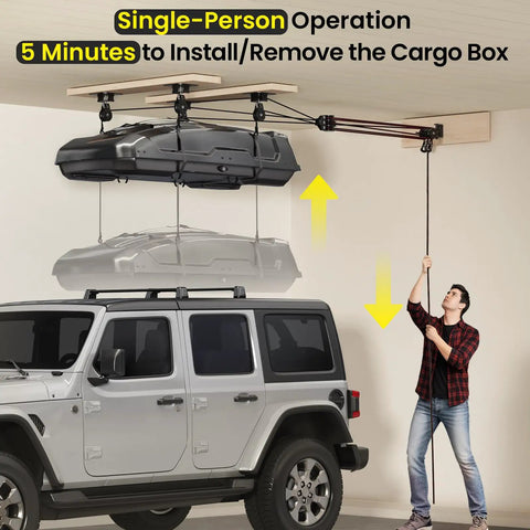 Garage Ceiling Storage Hoist for Roof Cargo Box and Carrier in use above SUV showing 4-point pulley system