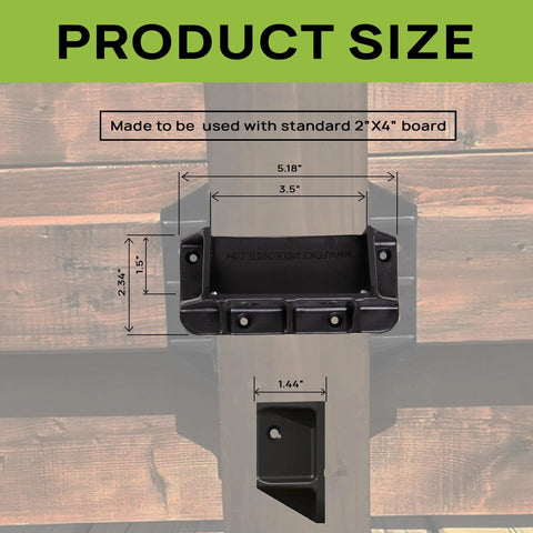 Top Shelf Heavy Duty Privacy Fence Brackets For Standard 2x4 Wood Railings Pre Drilled Galvanized Steel 8 Pack size and dimensions on wood background.