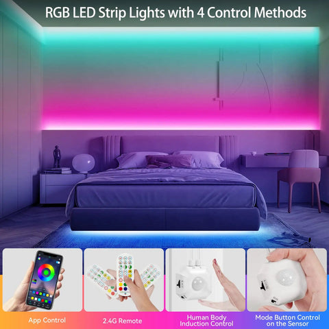 Bedroom with motion sensor RGB LED light strip kit two strips each nine point eight feet long with remote and app control