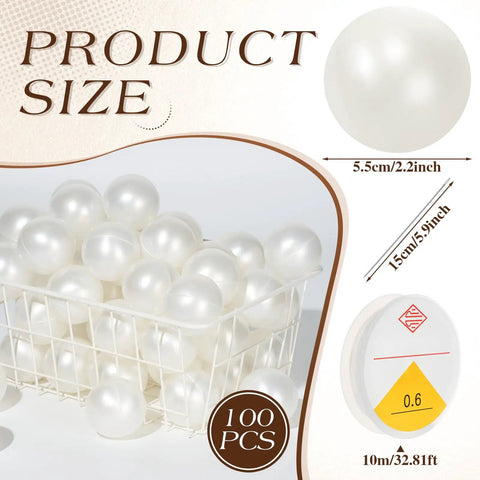 100 Piece Pearl Ball Garland Kit 2.2 Inch Pearlescent White Quick Link Bead Chains For Wall Arches Party Decor Birthday Wedding Anniversary Graduation Easy DIY Friendly Setup With Elastic Thread And Needle, 100 pcs size chart