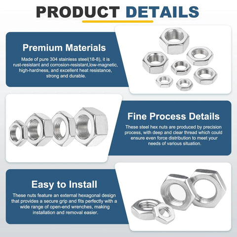 Top Shelf 304 Stainless Steel Hex Nuts 2 Pack M16x1.5mm Fine Thread Lock Fasteners shown in premium quality with fine details.