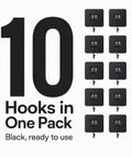 Ten Heavy Duty Black Adhesive Wall Hooks Peel And Stick Hangers No Mess Quick Install For Entryway, ready to use.