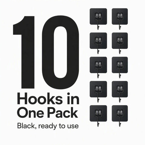 Ten Heavy Duty Black Adhesive Wall Hooks Peel And Stick Hangers No Mess Quick Install For Entryway, ready to use.