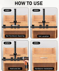 Step-by-step guide showing Aluminum Cabinet Hardware Jig With Center Punch For Precise Handle And Drawer Installations Pro Grade Template Tool For Cabinet Doors And Pulls Laser Cut Marking Guide Durable Woodworking Kit For Pros.