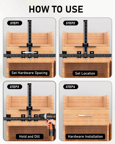 Step-by-step guide showing Aluminum Cabinet Hardware Jig With Center Punch For Precise Handle And Drawer Installations Pro Grade Template Tool For Cabinet Doors And Pulls Laser Cut Marking Guide Durable Woodworking Kit For Pros.