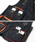 Kickass Lightweight Carpenter Work Vest For Electricians And Woodworkers Featuring Rock Solid Multi Pocket Layout With Durable Heavy Duty Construction In Classic Black with pockets holding tools.