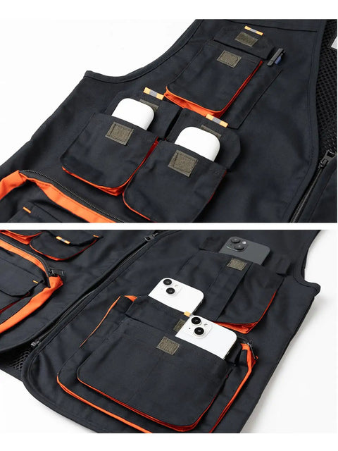 Kickass Lightweight Carpenter Work Vest For Electricians And Woodworkers Featuring Rock Solid Multi Pocket Layout With Durable Heavy Duty Construction In Classic Black with pockets holding tools.