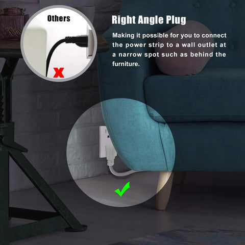 Flat Plug Power Strip Workhorse with 6 Outlets and 4 USB Ports 10 Ft Extension Cord shown behind a sofa for tight space use