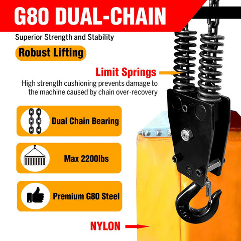 Electric chain hoist front view; dual-chain lifting with hook, 2200 lb capacity.
