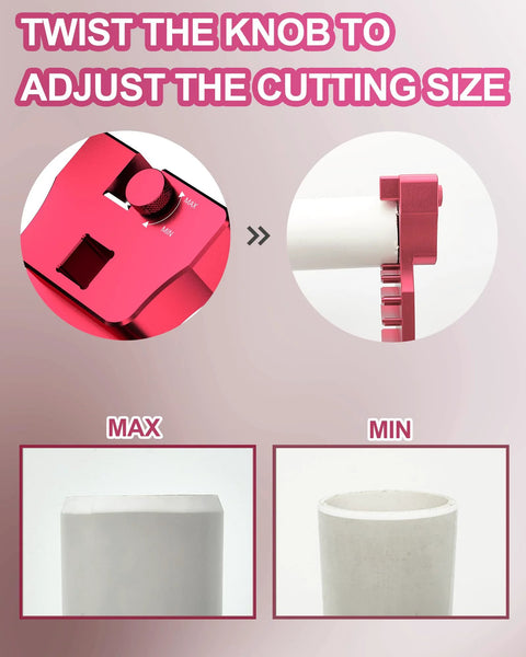 9-in-1 PVC pipe deburring tool, pink adjustable chamfer tool for 0.5–4 in PVC pipes with MAX/MIN dial