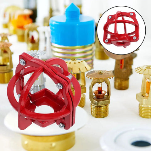 Bad Boy Fire Sprinkler Head Guard Cage To Dodge Dents And Kick Damage Real Quick On 3 34 Inch Fixtures in red metal surrounded by sprinkler nozzles.