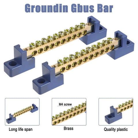 Beefy Ground Bar Kit 10 Positions For Electrical Panels Brass Terminal Block With Blue Insulated Base