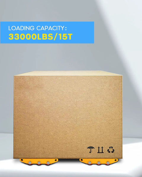 Heavy Duty Machine Skates 33000 Lbs Capacity Dolly With Anti-Slip Belt under a cardboard box for industrial machinery transport.