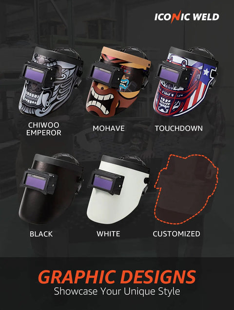 Graphic designs of auto darkening welding helmets with flip up lens in various styles, including white for MIG TIG arc welding.