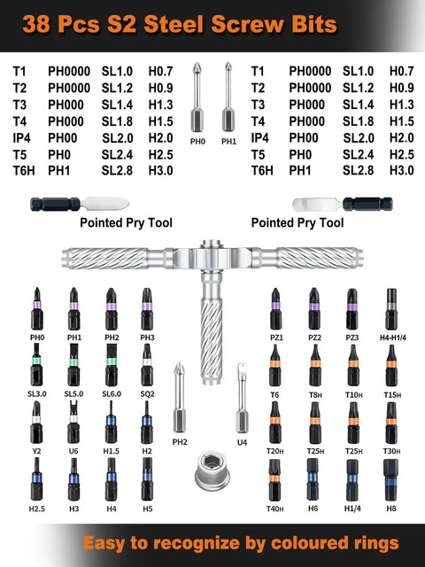 38 S2 steel screw bits with pry tools from 100-In-One Magnetic Ratchet Screwdriver Set With 88 Short And 6 Long S2 Steel Bits.