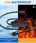 Outdoor Extension Cord With On Off Waterproof Switch 15A 125V Grounded 3 Prong Plug Tough As Nails Heavy Duty 1875W Short Outdoor Cord For Lights Black 14 Gauge 3 Wire SJTW Switch Cord Outdoor Light Control in front of a split background showing cold and heat resistance.