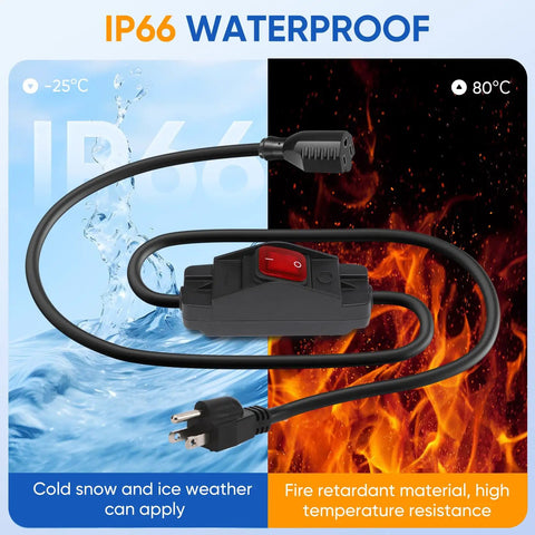 Outdoor Extension Cord With On Off Waterproof Switch 15A 125V Grounded 3 Prong Plug Tough As Nails Heavy Duty 1875W Short Outdoor Cord For Lights Black 14 Gauge 3 Wire SJTW Switch Cord Outdoor Light Control in front of a split background showing cold and heat resistance.