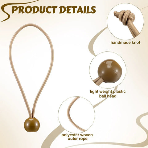 Close-up of beige 50 Pcs Ball Bungee Cords 6 Inch Tarp Tie Downs With Balls showing handmade knot and plastic ball head.