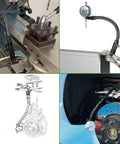 HDLNKAK premium disc and rotor digital gauge with flexible gooseneck arm; front, side, and installed rotor views.