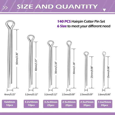 140Pcs Cotter Pin Assortment Kit With 6 Sizes M1.6x25mm M2.5x25mm M2.5x30mm M3.2x30mm M3.2x40mm M4x60mm displayed in packaging