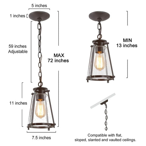 Modern Farmhouse Pendant Light For Kitchen Island In Bronze Finish With Seeded Glass Shade, dimensions and ceiling types
