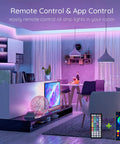 Modern living room with 150Ft LED Strip Lights Kit With App Control And IR Remote, ambient RGB lighting, decor accents.