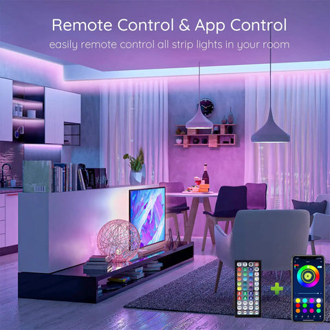 Modern living room with 150Ft LED Strip Lights Kit With App Control And IR Remote, ambient RGB lighting, decor accents.