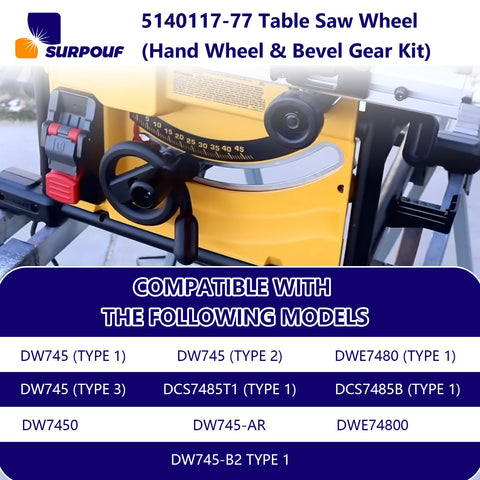 Replacement Table Saw Hand Wheel And Bevel Gear Kit For DeWalt Saws Like DW745 shown installed on table saw