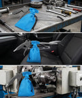 Badass Pneumatic Blower Vacuum For Shop Chores And Auto Detailing With Slick Metal Tube Lightweight Grip Sturdy Collection Bag shown in workshop and car interior.