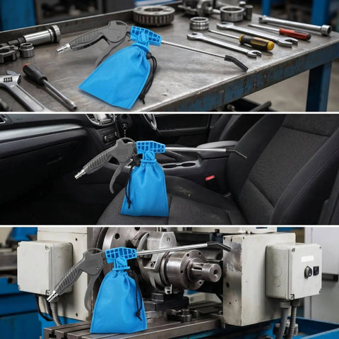 Badass Pneumatic Blower Vacuum For Shop Chores And Auto Detailing With Slick Metal Tube Lightweight Grip Sturdy Collection Bag shown in workshop and car interior.