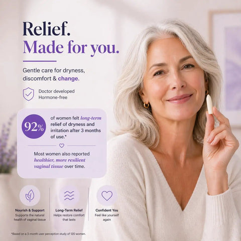 Woman holding Silk Vaginal Moisturizer for Menopause Relief That Keeps You Comfy, Phase 1 8 Count, close-up view.